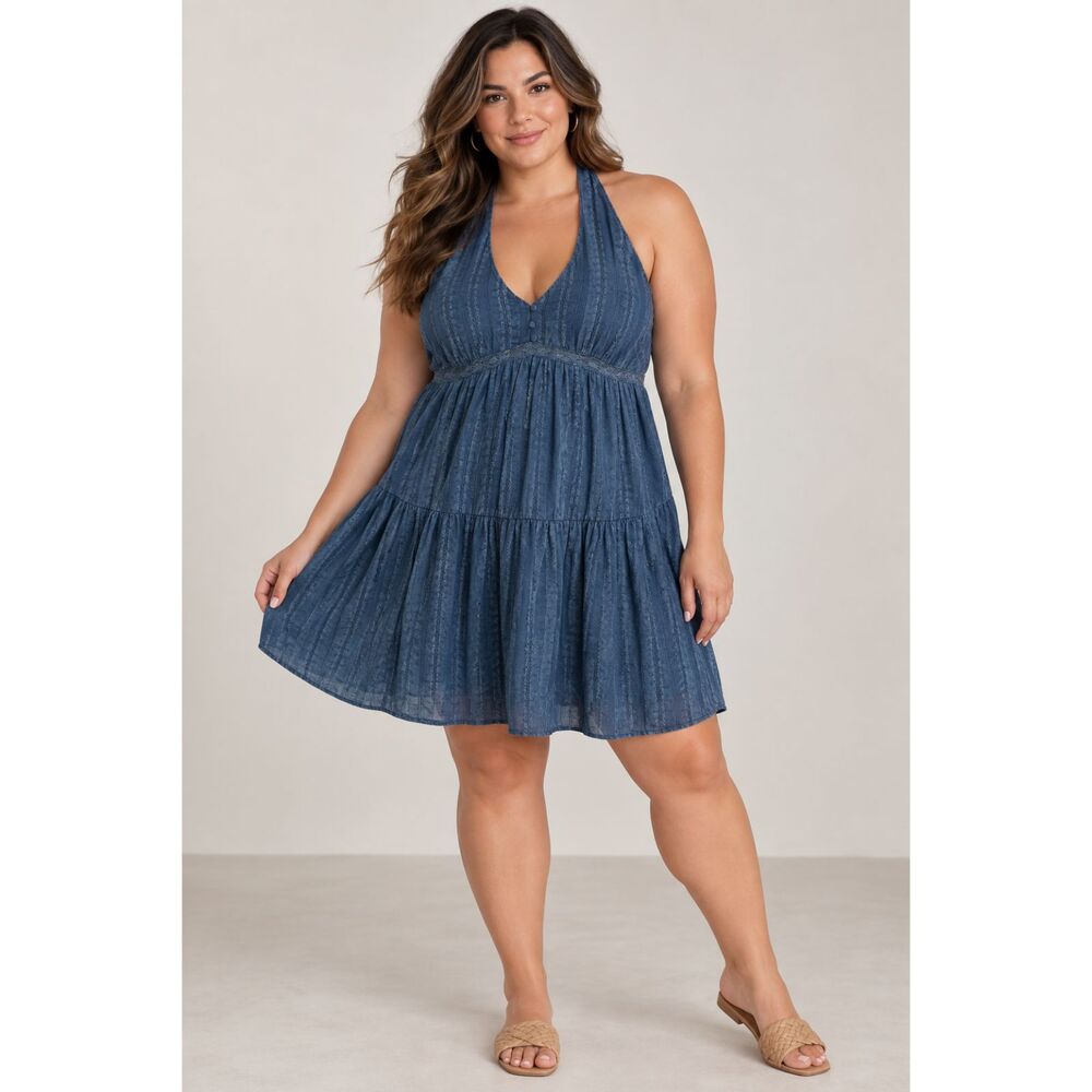 No Boundaries Blue Halter Mini Dress Women’s XXL 20 Lace Trim Tiered NWT